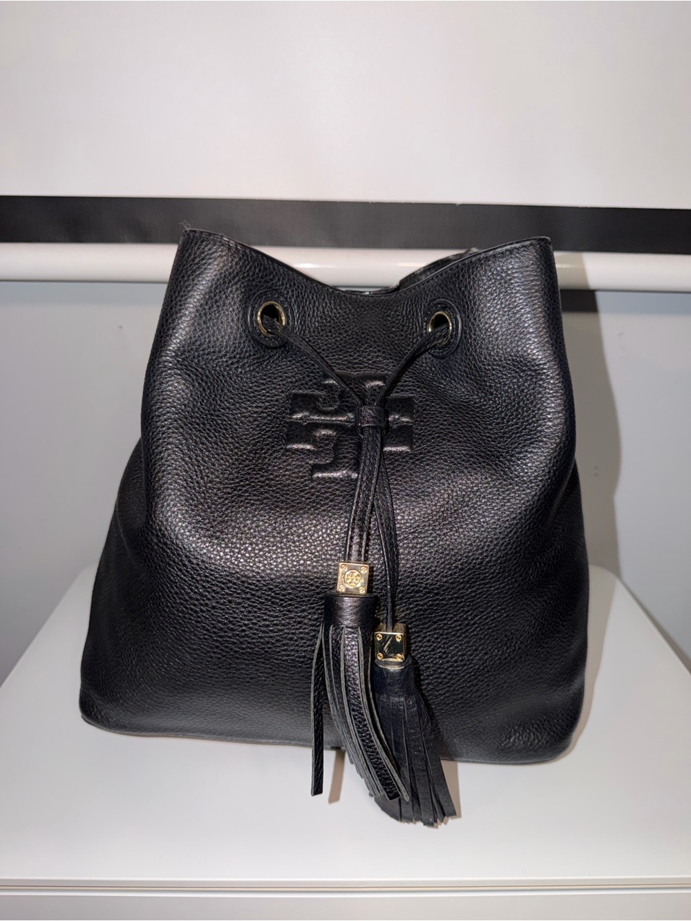 Black Leather Tassel Drawstring Bucket Bag